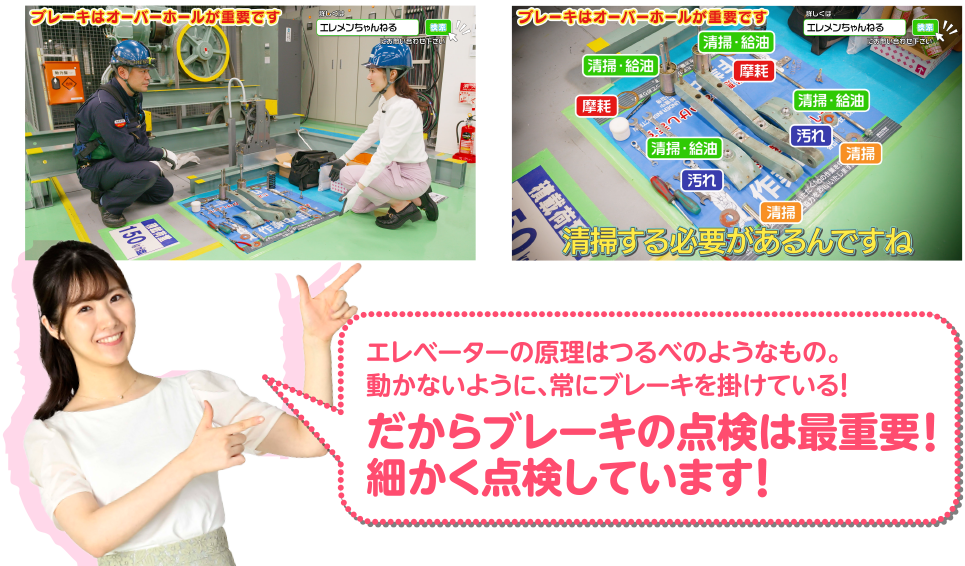 エレベーターの原理はつるべのようなもの。動かないように、常にブレーキを掛けている！だからブレーキの点検は最重要！細かく点検しています！
