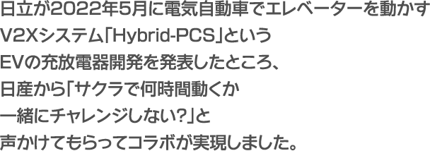 日立が2022年5月に電気自動車でエレベーターを動かすV2Xシステム「Hybrid-PCS」というEVの充放電器開発を発表したところ、日産から「サクラで何時間動くか一緒にチャレンジしない？」と声かけてもらってコラボが実現しました。