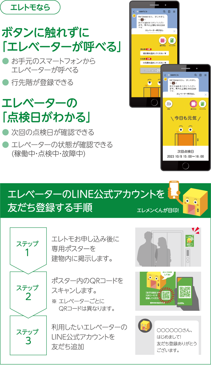 スマートフォンでエレベーターを呼び出しタッチレスで目的階まで移動