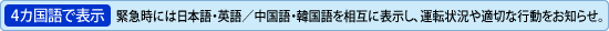 [4カ国語で表示] 緊急時には日本語・英語／中国語・韓国語を相互に表示し、運転状況や適切な行動をお知らせ。