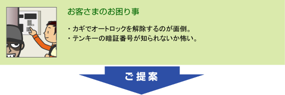 ●カギでオートロックを解除するのが面倒。●テンキーの暗証番号が知られないか怖い。このようなお客さまのご要望にはこちらをご提案します。