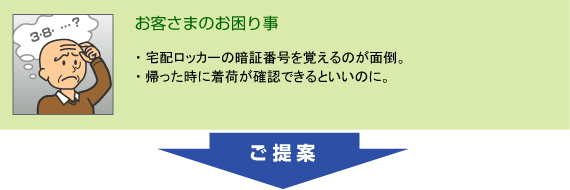 ●宅配ロッカーの暗証番号を覚えるのが面倒。●帰った時に着荷が確認できると良いのに。このようなお客さまのご要望にはこちらをご提案します。