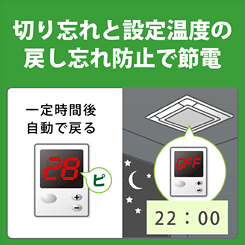 切り忘れと設定温度の戻し忘れ防止で節電