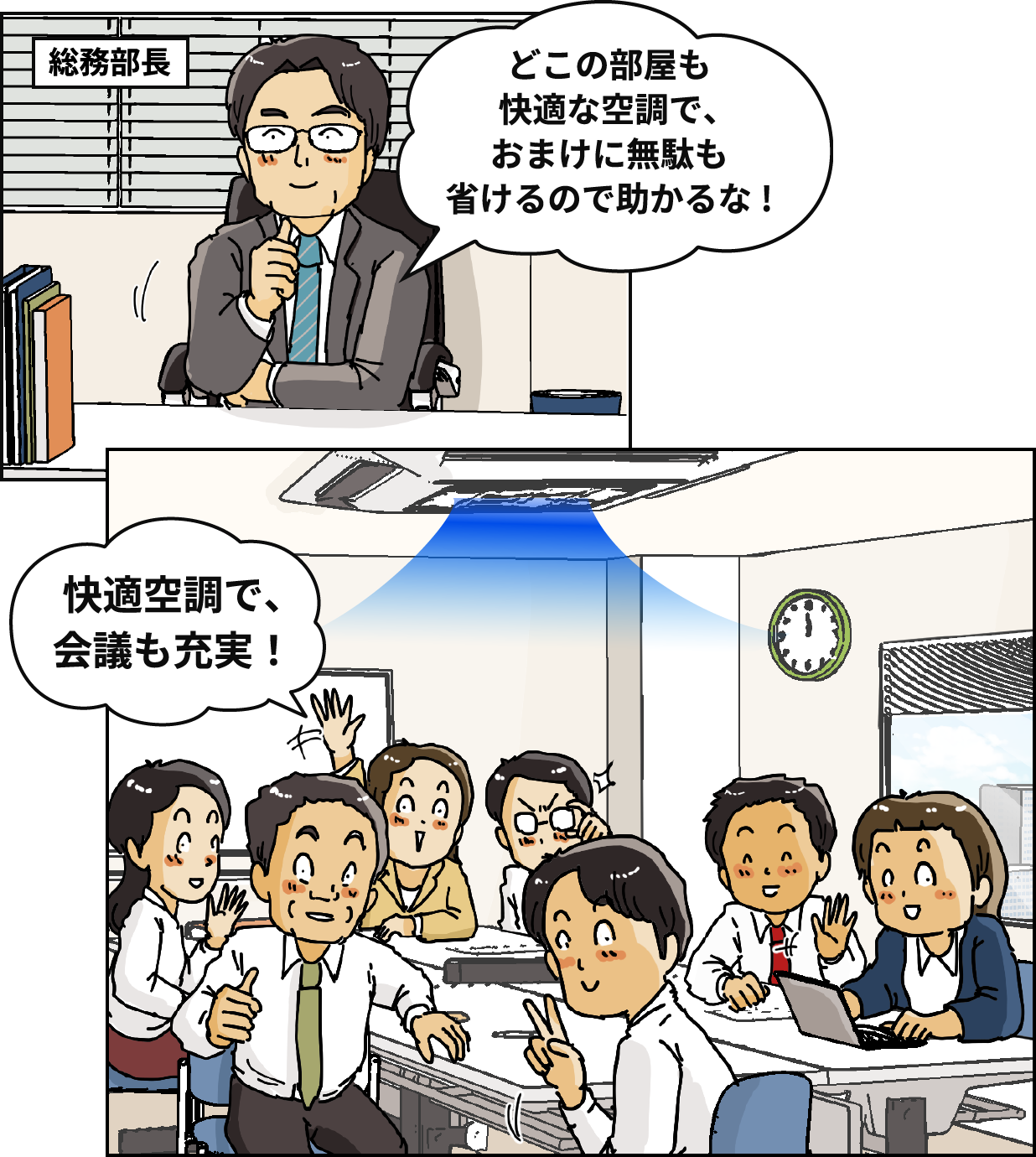 「どこの部屋も快適な空調で、おまけに無駄も省けるので助かるな!」「快適空調で、会議も充実！」