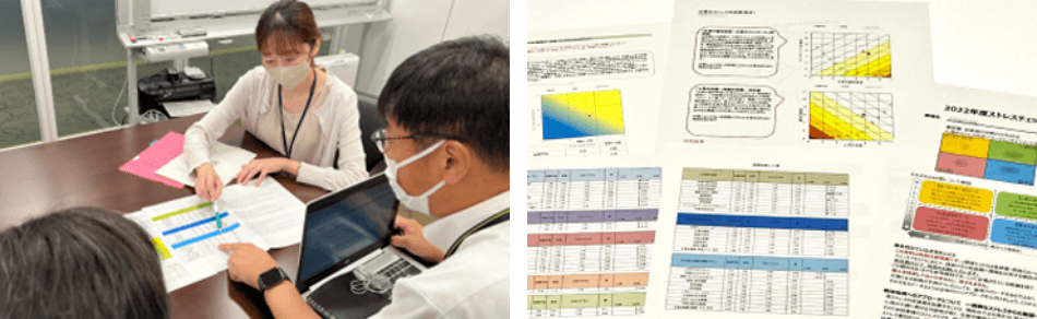 産業保健スタッフが管理監督者へフィードバックしている様子 / ストレスチェックによる集団分析結果